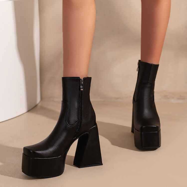 Ladies Pu Leather Square Toe Stitching Side Zippers Block Heel Platform Short Boots