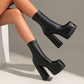 Ladies Pu Leather Square Toe Stitching Chunky Heel Platform Short Boots