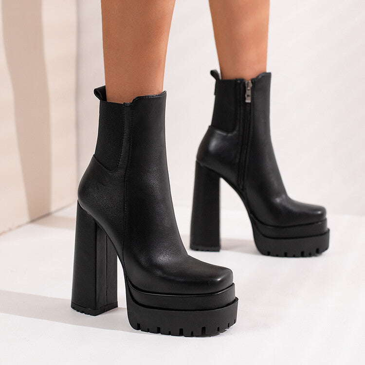 Ladies Pu Leather Square Toe Side Zippers Block Heel Platform Short Boots