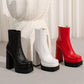 Ladies Pu Leather Square Toe Stitching Side Zippers Chunky Heel Platform Short Boots