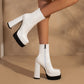 Ladies Pu Leather Square Toe Stitching Side Zippers Chunky Heel Platform Short Boots
