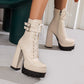 Ladies Square Toe Lace Up Belts Buckles Block Heel Platform Short Boots