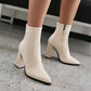 Ladies Pu Leather Pointed Toe Stitching Side Zippers Chunky Heel Short Boots