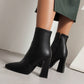 Ladies Pu Leather Pointed Toe Stitching Side Zippers Chunky Heel Short Boots