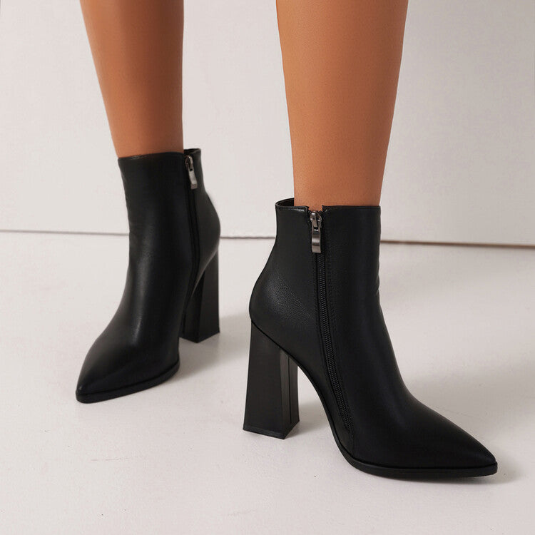 Ladies Pu Leather Pointed Toe Stitching Side Zippers Block Heel Short Boots