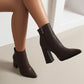 Ladies Pu Leather Pointed Toe Stitching Side Zippers Block Heel Short Boots