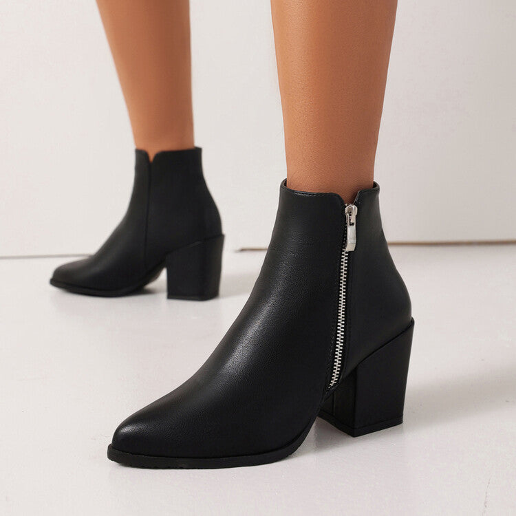 Ladies Pu Leather Pointed Toe Side Zippers Block Heel Short Boots