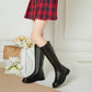 Pu Leather Round Toe Stitch Buckle Straps Side Zippers Flat Platform Mid Calf Boots for Women
