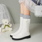 Lolita Pu Leather Round Toe Lattice Bow Tie Flat Platform Mid Calf Boots for Women