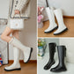 Pu Leather Round Toe Back Bow Tie Flat Platform Mid Calf Boots for Women