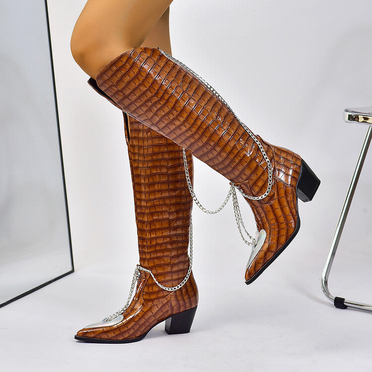 Crocodile Pattern Pointed Toe Metal Chains Knee High Boots for Women