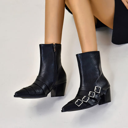 Pointed Toe Buckles Belts Side Zippers Puppy Heel Short Boots for Women