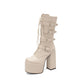 Pu Leather Square Toe Metal Buckle Straps Lace Up Block Chunky Heel Platform Mid-calf Boots for Women