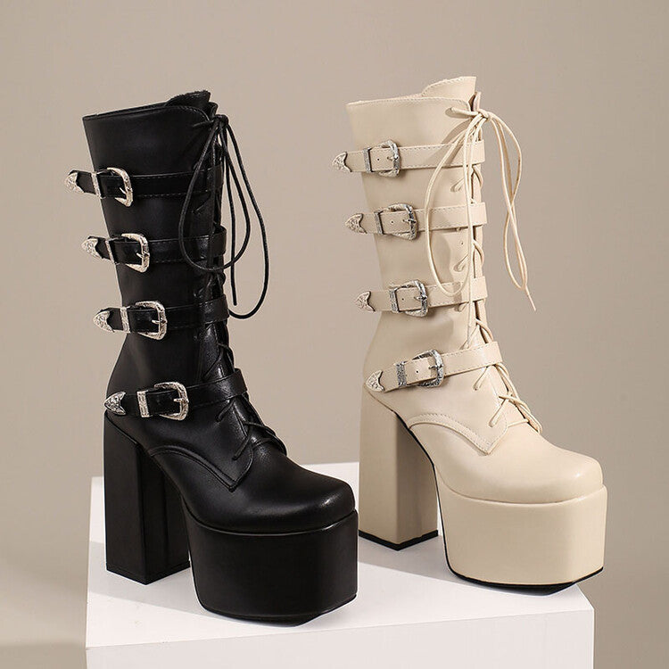 Pu Leather Square Toe Metal Buckle Straps Lace Up Block Chunky Heel Platform Mid-calf Boots for Women