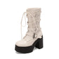 Pu Leather Round Toe Lace Up Buckle Straps Block Chunky Heel Platform Mid-calf Boots for Women