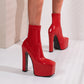 Ladies Glossy Square Toe Stitching Chunky Heel Platform Short Boots