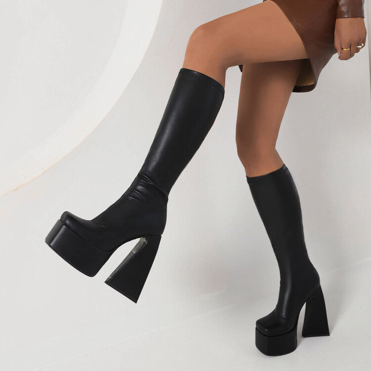 Ladies Square Toe Triangle Heel Platform Knee High Boots