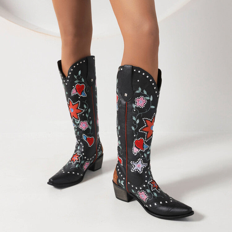 Ladies Ethnic Love Hearts  Printed Low Heels Cowboy Mid Calf Boots