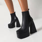 Glossy Square Toe Stretch Block Chunky Heel Platform Ankle Boots for Women