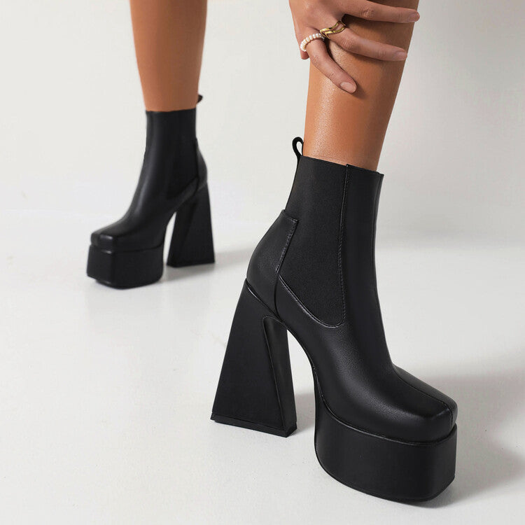 Glossy Square Toe Stretch Block Chunky Heel Platform Ankle Boots for Women