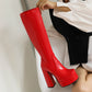 Glossy Square Toe Block Chunky Heel Platform Knee High Boots for Women