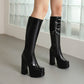 Glossy Square Toe Block Chunky Heel Platform Knee High Boots for Women
