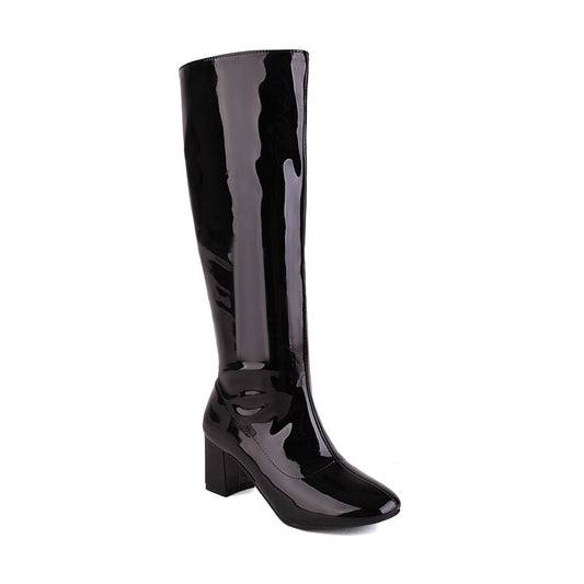 Glossy Round Toe Side Zippers Block Chunky Heel Knee High Boots for Women