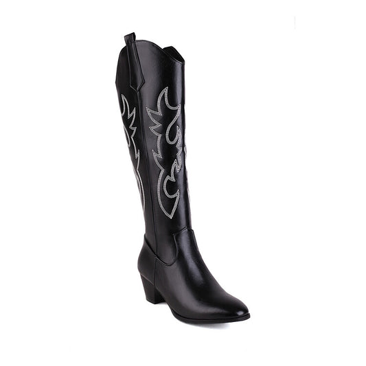 Embroidery Side Zippers Puppy Heel Cowboy Knee High Boots for Women