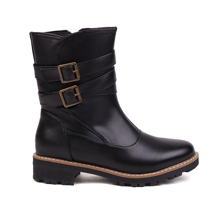 Buckle Straps Side Zippers Ankle Boots for Women