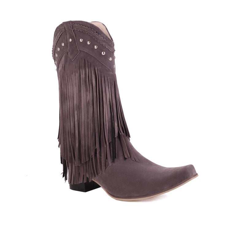 Pointed Toe Rivets Tassel Block Heel Cowboy Mid-Calf Boots for Women