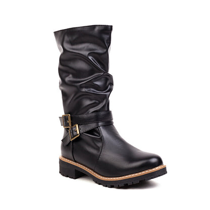 Round Toe Buckle Straps Mid Calf Boots for Women