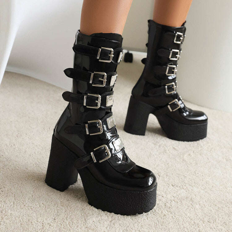 Glossy Metal Buckle Straps Block Chunky Heel Platform Mid-calf Boots for Women