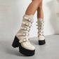Glossy Metal Buckle Straps Block Chunky Heel Platform Mid-calf Boots for Women