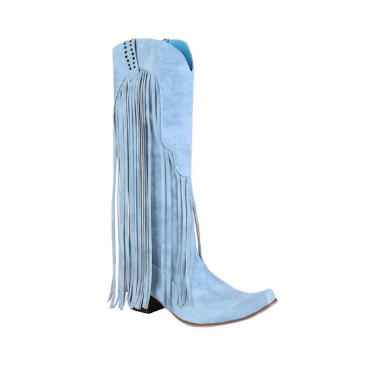 Flock Pointed Toe Tassel Rivets Block Heel Cowboy Mid Calf Boots for Women