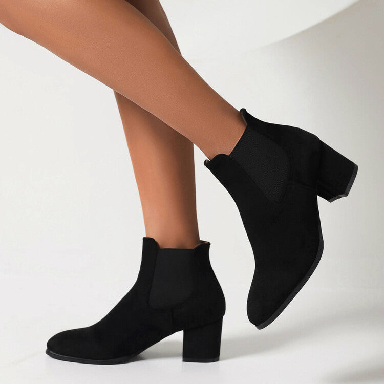 Booties Bicolor Flock Pointed Toe Stretch Block Heel Ankle Boots for Women