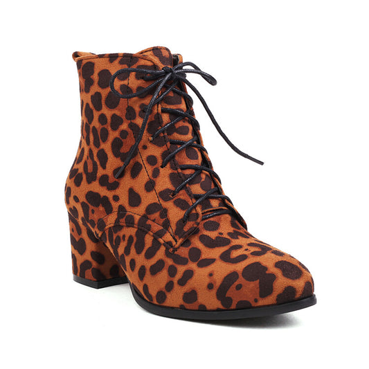 Booties Leopard Print Flock Round Toe Lace Up Block Heel Ankle Boots for Women