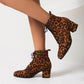 Booties Leopard Print Flock Round Toe Lace Up Block Heel Ankle Boots for Women