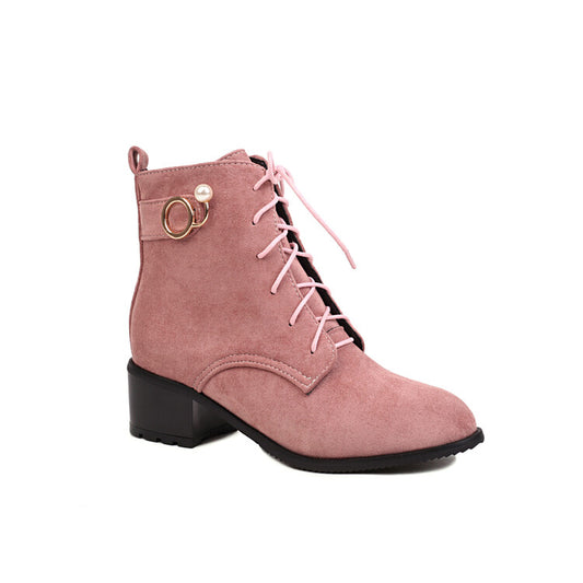 Booties Flock Lace Up Block Heel Ankle Boots for Women