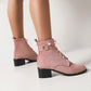 Booties Flock Lace Up Block Heel Ankle Boots for Women