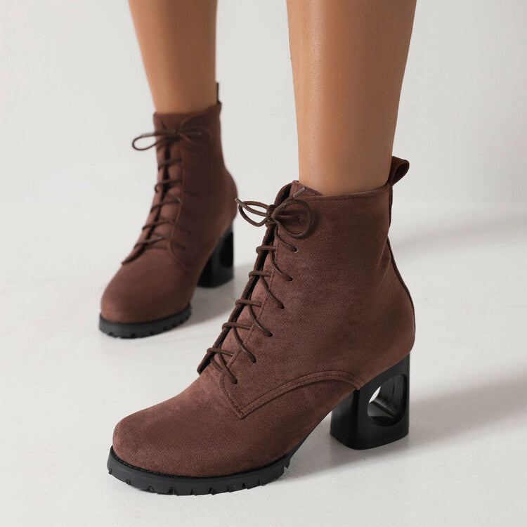 Booties Flock Round Toe Lace Up Block Heel Ankle Boots for Women