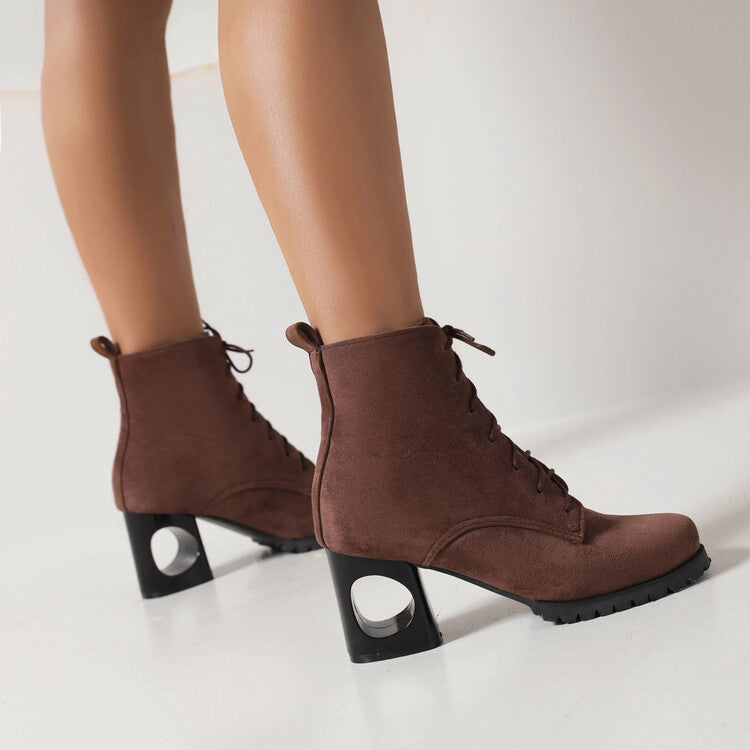 Booties Flock Round Toe Lace Up Block Heel Ankle Boots for Women