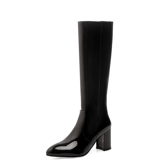 Glossy Side Zippers Block Chunky Heel Knee High Boots for Women
