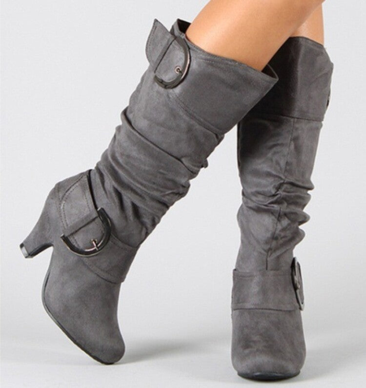 Flock Almond Toe Metal Buckle Straps Mid Calf Boots for Women