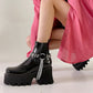Pu Leather Round Toe Metal Chains Rivets Straps Block Chunky Heel Platform Ankle Boots for Women