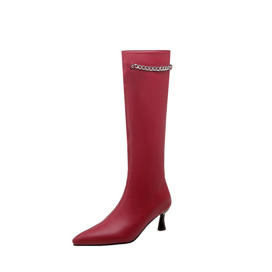 Pointed Toe Metal Chains Spool Heel Knee-High Boots for Women