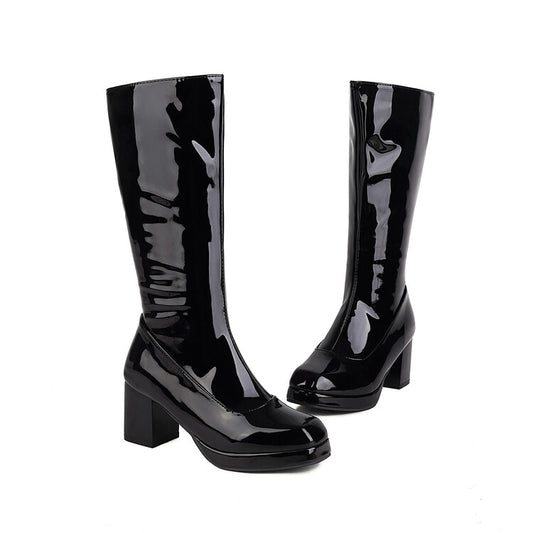 Glossy Square Toe Side Zippers Block Chunky Heel Platform Mid Calf Boots for Women