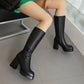 Square Toe Side Zippers Block Chunky Heel Platform Mid-Calf Boots for Women