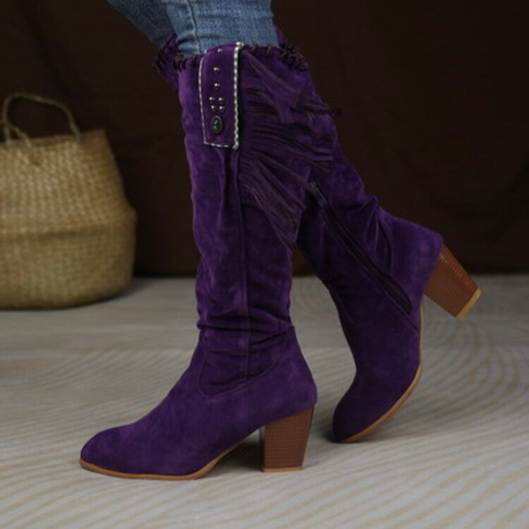 Flock Rivets Tassel Block Heel Side Zippers Mid Calf Boots for Women