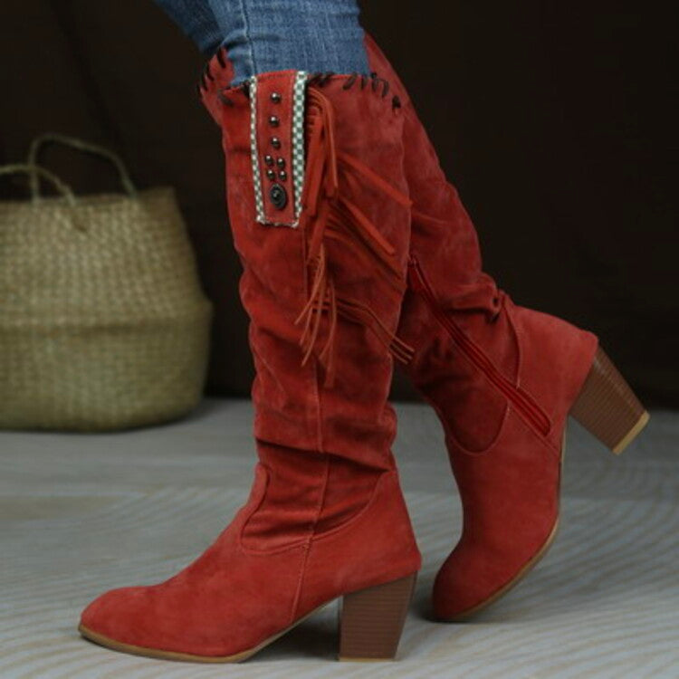 Flock Rivets Tassel Block Heel Side Zippers Mid Calf Boots for Women