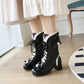 Lace Bow Tie Tied Straps Block Chunky Heel Knee-High Boots for Women